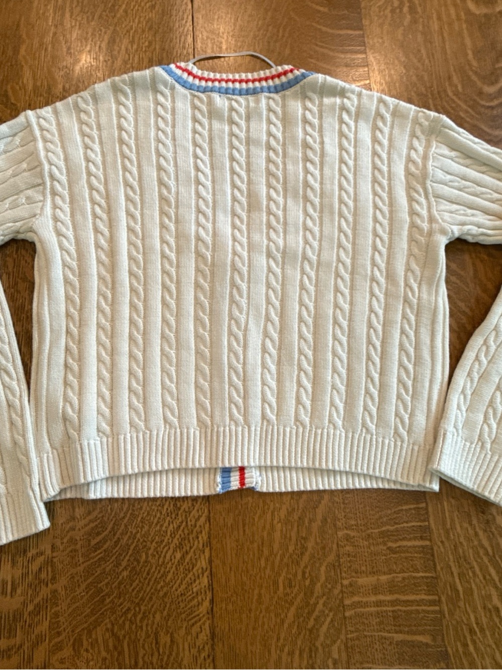 Prince Cream Cable Knit Cardigan with Red & Blue Stripe Trim - Picture 10 of 13